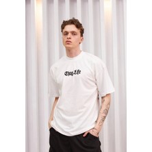 Velmora Fashion Bisiklet Yaka Baskılı Oversize T-Shirt - Beyaz -