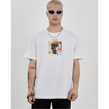 Velmora Fashion Bisiklet Yaka Baskılı Oversize T-Shirt - Beyaz