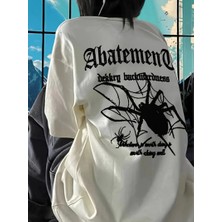 Velmora Fashion Örümcek Ağı Desenli Baskılı Oversize Bisiklet Yaka T-Shirt  - Beyaz -