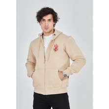 Velmora Fashion Baskılı Tam Fermuarlı Kapşonlu Sweatshirt - Bej