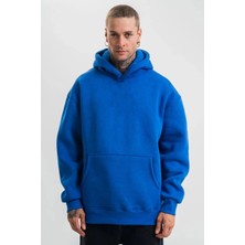 Velmora Fashion Saks Mavi Double Oversize 3 Iplik Pamuklu Kapüşonlu Kanguru Cepli Sweatshirt Hoodie - Saks Mavi