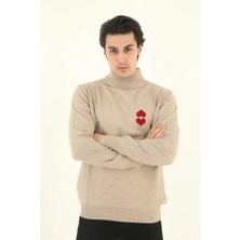 Velmora Fashion Yarım Boğazlı Baskılı Dokuma Triko - Bej -