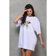 Velmora Fashion Bisiklet Yaka Baskılı Oversize T-Shirt - Beyaz -