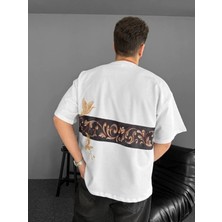 Velmora Fashion Ön ve Arka Baskılı Oversize Bisiklet Yaka T-Shirt - Beyaz -