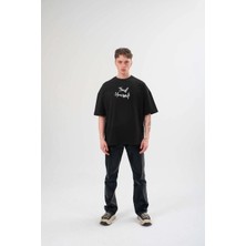 Velmora Fashion Bisiklet Yaka Baskılı Oversize T-Shirt - Siyah -