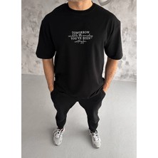 Velmora Fashion Bisiklet Yaka Baskılı Oversize T-Shirt - Siyah -