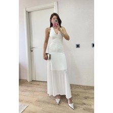 Velmora Fashion Sırt Dekolteli Uzun Elbise - Beyaz -