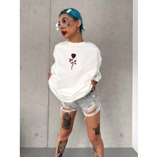 Velmora Fashion Bisiklet Yaka Baskılı Oversize T-Shirt - Beyaz -