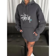 Velmora Fashion Üç Iplik Kapşonlu Baskılı Sweatshirt - Füme -