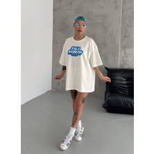 Velmora Fashion Bisiklet Yaka Baskılı Oversize T-Shirt - Beyaz -