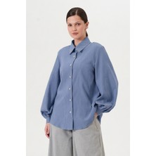 Relaxl Ofis Şıklığı %100 Pamuk Balon Kol Kadın Gömlek Indigo Mavi