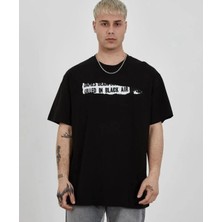 Velmora Fashion Bisiklet Yaka Baskılı Oversize T-Shirt - Siyah