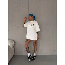 Velmora Fashion Bisiklet Yaka Baskılı Oversize T-Shirt - Beyaz -