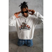 Velmora Fashion Oversize Kapüşonlu Sweatshirt - Beyaz Renk Üç Iplik Içi Pamuklu Kanguru Cepli Baskılı Hoodie Rahat Kalıp Kışlık Günlük Kombinlere Uygun - Beyaz -