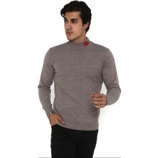 Velmora Fashion Erkek Yarım Bağazlı Kazak Öpücük Baskılı Dokuma Triko - Vizon