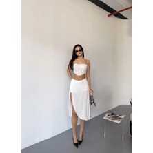 Velmora Fashion Çepli Şortlu Yırtmaçlı etek - Beyaz -