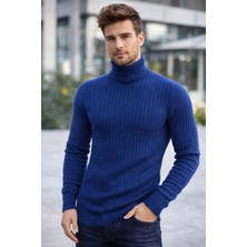 Velmora Fashion Balıkcı Yaka Bağazlı Triko Kazak Pamuklu Kalın Fitilli Dokuma, Regular Fit Uzun Kollu Kışlık Model - Indigo