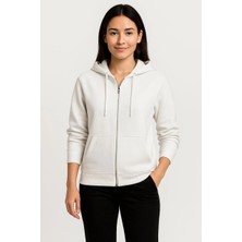Velmora Fashion Üç Iplik Kapüşonlu Tam Fermuarlı Kanguru Çepli Sweatshirt Hoodie - Beyaz -