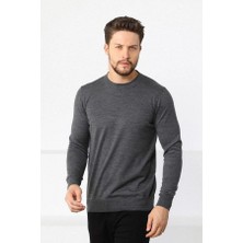 Velmora Fashion Erkek Bisiklet Yaka Kazak Uzun Kol Dokuma Triko - Füme