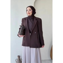 Tesettür Diyarı Kayle Kuşaklı Blazer Tesettür Ceket- Acı Kahve Standart (36-42 Beden Uyumlu)