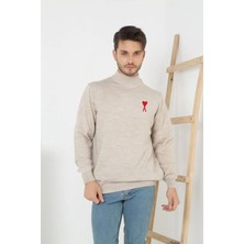 Velmora Fashion Erkek Yarım Bağazlı Kazak Baskılı Dokuma Triko - Bej
