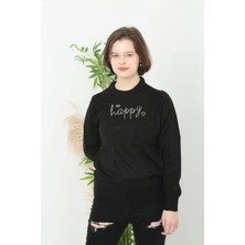 Velmora Fashion Baskılı Uzun Kol Yarım Boğazlı Dokuma Triko - Siyah