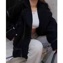 Velmora Fashion Cıt Cıt Detaylı Peluş Mont Ceket - Siyah -