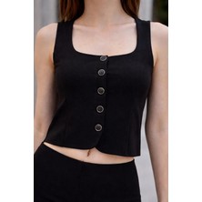 Akabi Online Kadın Siyah Çelik Interlok Kare Yaka Düğmeli Crop Yelek Şık Fit Kesim