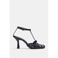 Selin Shoes Dorelia Hakiki Deri Bilek Ayarlanabilir Toka Kalın Topuk Kadın Topuklu Ayakkabı- Siyah