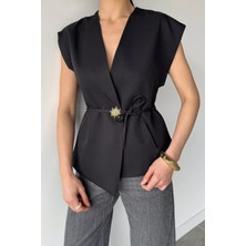Gülseli Kadın Bel Bağlamalı Gold Düğmeli Yelek P-00020660