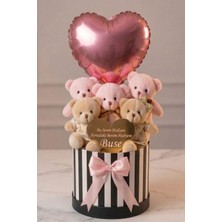 Sole Kişiye Özel Isim Yazılı Kalp Aynalı-Balonlu Peluş Pembe 5'li Ayıcık Buketi | Sevgiliye, Eşe Hediye