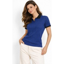 Senka Kadın Polo Yaka Çizgili Tişört Kısa Kol Düğmeli Yazlık T-Shirt - Saks Mavisi