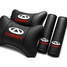 Brtshopping Chery Boyun Yastığı + Kemer Seti 2+2 – Premium Siyah Deri, Kırmızı Nakış, Konfor ve Şıklık