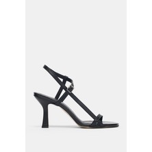 Selin Shoes Marovi Hakiki Deri Bilek Kemer Ayarlanabilir Toka Tek Bant Kadın Topuklu Ayakkabı- Siyah