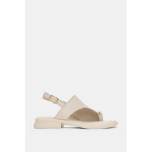 Selin Shoes Velrisa Hakiki Deri Parmak Arası Gold Aksesuar Detaylı Kadın Sandalet- Ekru