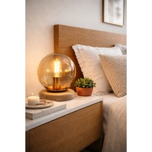 Mars Concept Minimal Amber Küre Masa ve Gece Lambası, Masif Ahşap Taban (Gürgen Ağacı), E14 Bakır Duy