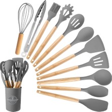 Delixa Silikon Mutfak Gereçleri Seti, Kaliteli Saplı, 11 , Standlı (Gri)
