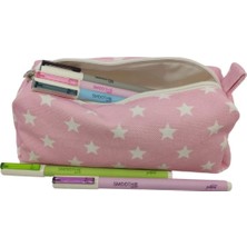 Delixa Pembe Yıldız Desenli Astarlı Yıkanabilir Bez Kalemlik Kalem Kutusu Makyaj Çantası