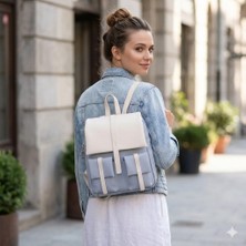 Nas Bag Kadın Şık Günlük Cepli Yumuşak Deri Sırt Çantası Mavi Krem