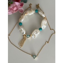 Tones Official Tasarım Akrilik Barok Incili Çelik Zincir, Mineli Kalp Bileklik-Kolye