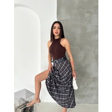 Kadın Ekose Kemerli Uzun Kloş Etek
