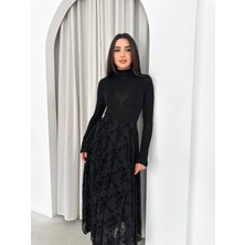 Kadın Flok Baskılı Beli Lastikli Astarlı Tül Etek