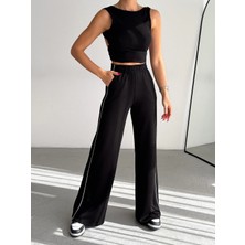 Kadın Trend Bol Paça Modal Kumaş Cepli Eşofman Altı Wide Leg Yanları Beyaz Şeritli