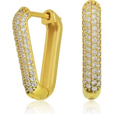 Gümüş Gold Beyaz Taşlı Üçgen Küpe