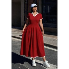 Equri Kadın Kısa Kollu V Yakalı Pileli Uzun Janjan Krep Elbise