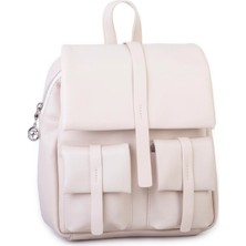 Nas Bag Kadın Şık Günlük Cepli Yumuşak Deri Sırt Çantası Krem