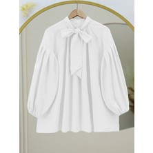 Moda Morfo Yakası Bağcıklı Kolu Lastikli Tunik -Beyaz