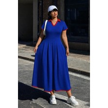 Deridün Yıldız Shoes Kadın Kısa Kollu V Yakalı Pileli Uzun Janjan Krep Elbise