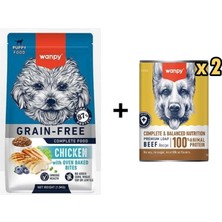 Wanpy Tahılsız Tavuklu Yavru Köpek Maması 1,5 kg + 2 Adet Wanpy Tahılsız %100 Gerçek Et Biftekli Köpek Konservesi 375 gr