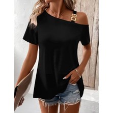 Equri Kadın Kısa Kollu Tek Askı Detaylı Tokalı Viskon Bluz